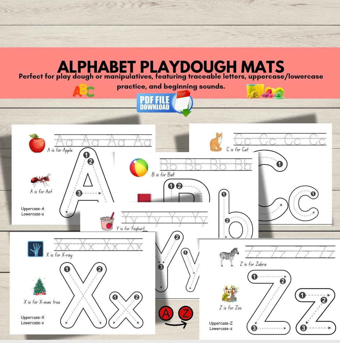 Printable alphabet mats for kids featuring uppercase and lowercase letters-perfect for letter recognition, tracing, and hands-on early literacy activities.