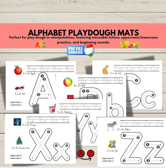 Printable alphabet mats for kids featuring uppercase and lowercase letters-perfect for letter recognition, tracing, and hands-on early literacy activities.
