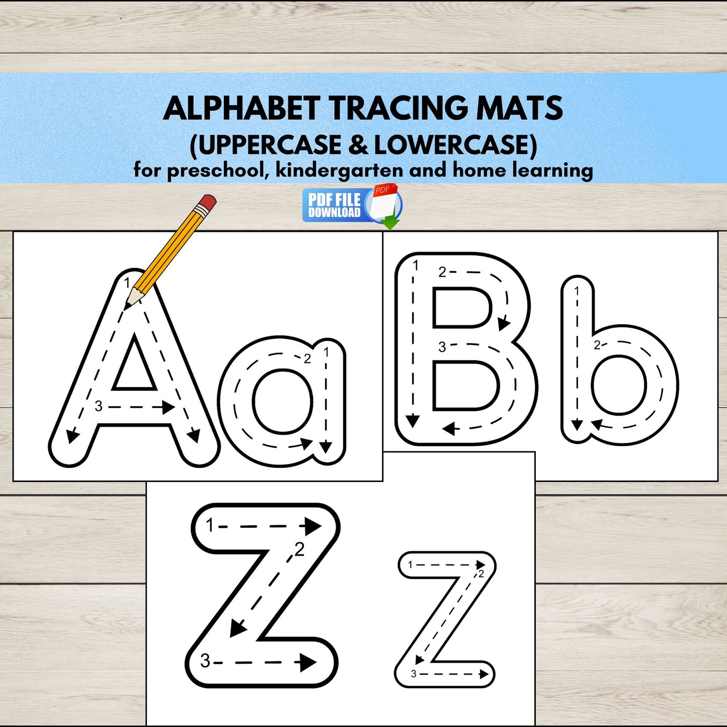 Printable alphabet tracing mats showing letters A to Z, uppercase and lowercase, handwriting practice.