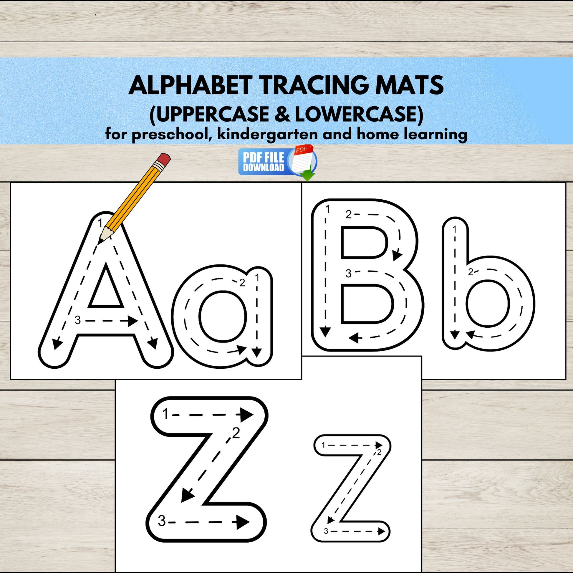 Printable alphabet tracing mats showing letters A to Z, uppercase and lowercase, handwriting practice.