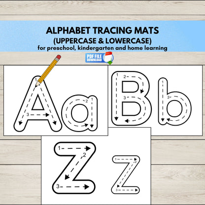 Printable alphabet tracing mats showing letters A to Z, uppercase and lowercase, handwriting practice.