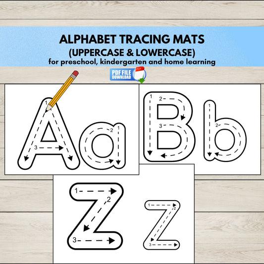 Printable alphabet tracing mats showing letters A to Z, uppercase and lowercase, handwriting practice.