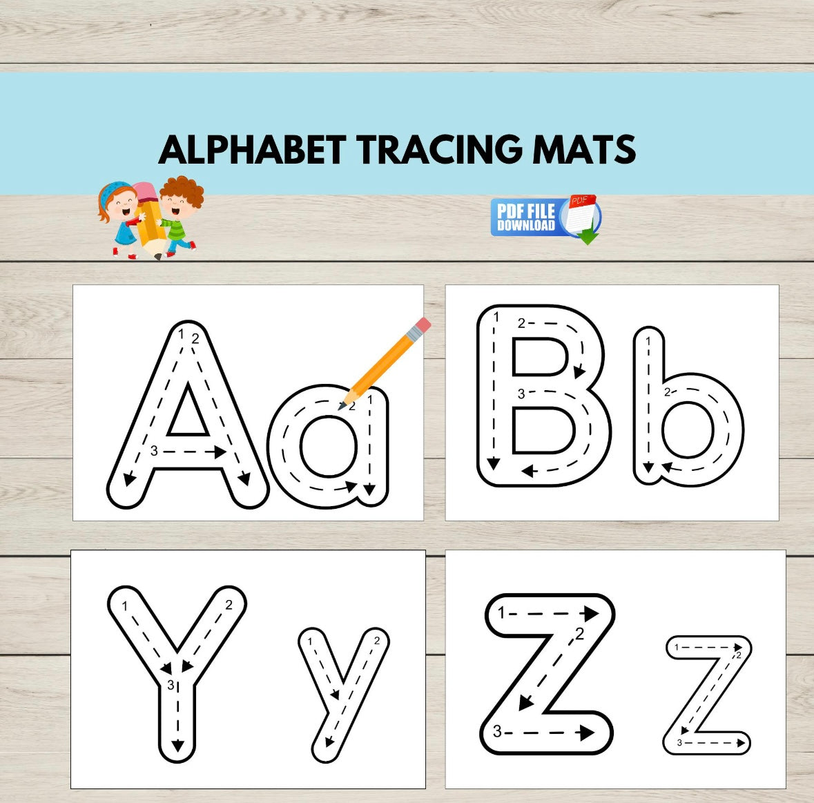 Printable alphabet tracing activity cards showing uppercase and lowercase letters for handwriting practice and letter recognition.