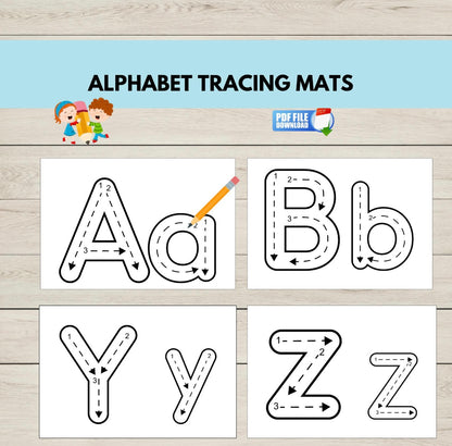 Printable alphabet tracing activity cards showing uppercase and lowercase letters for handwriting practice and letter recognition.