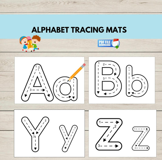 Printable alphabet tracing activity cards showing uppercase and lowercase letters for handwriting practice and letter recognition.