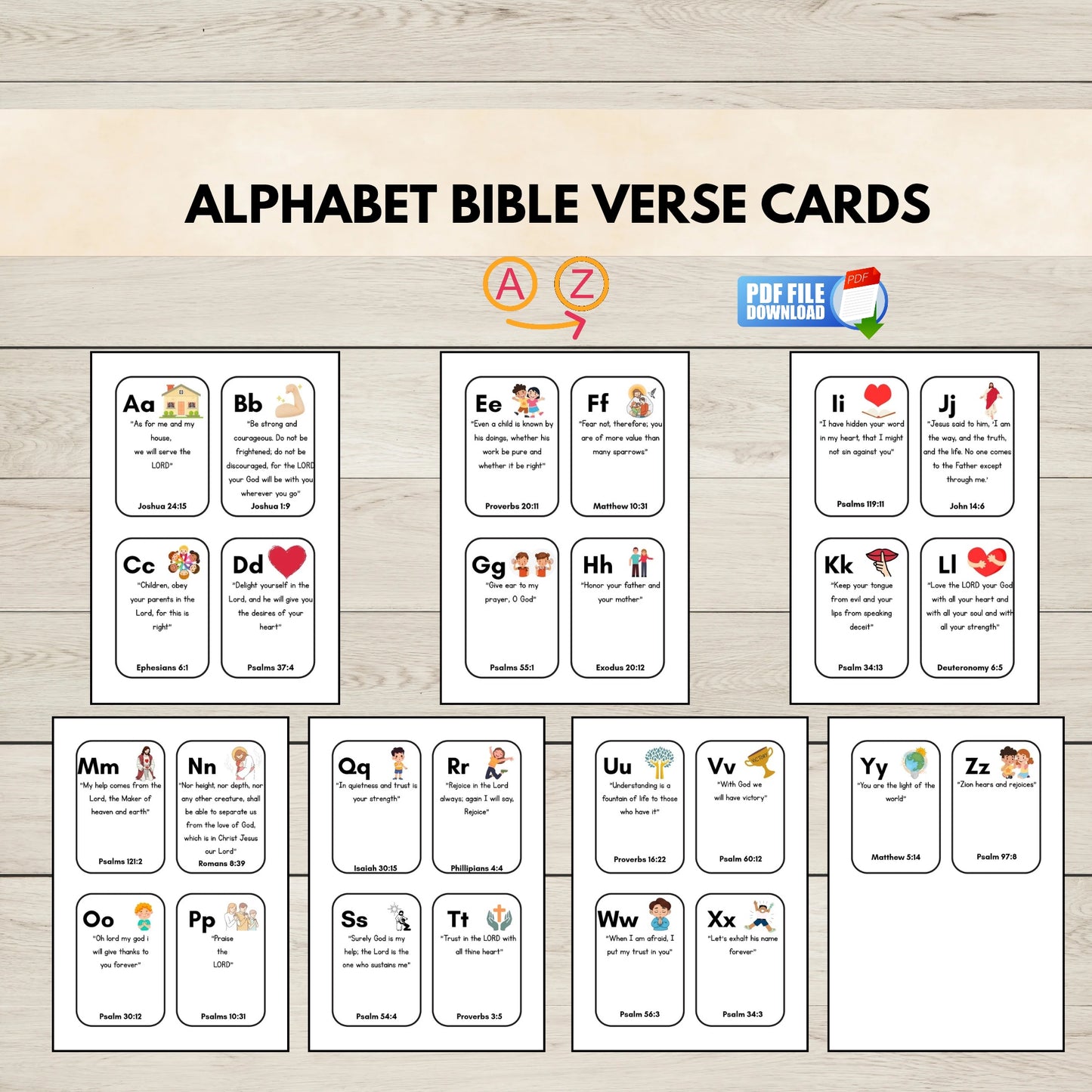 Printable alphabet bible verse cards for kids.