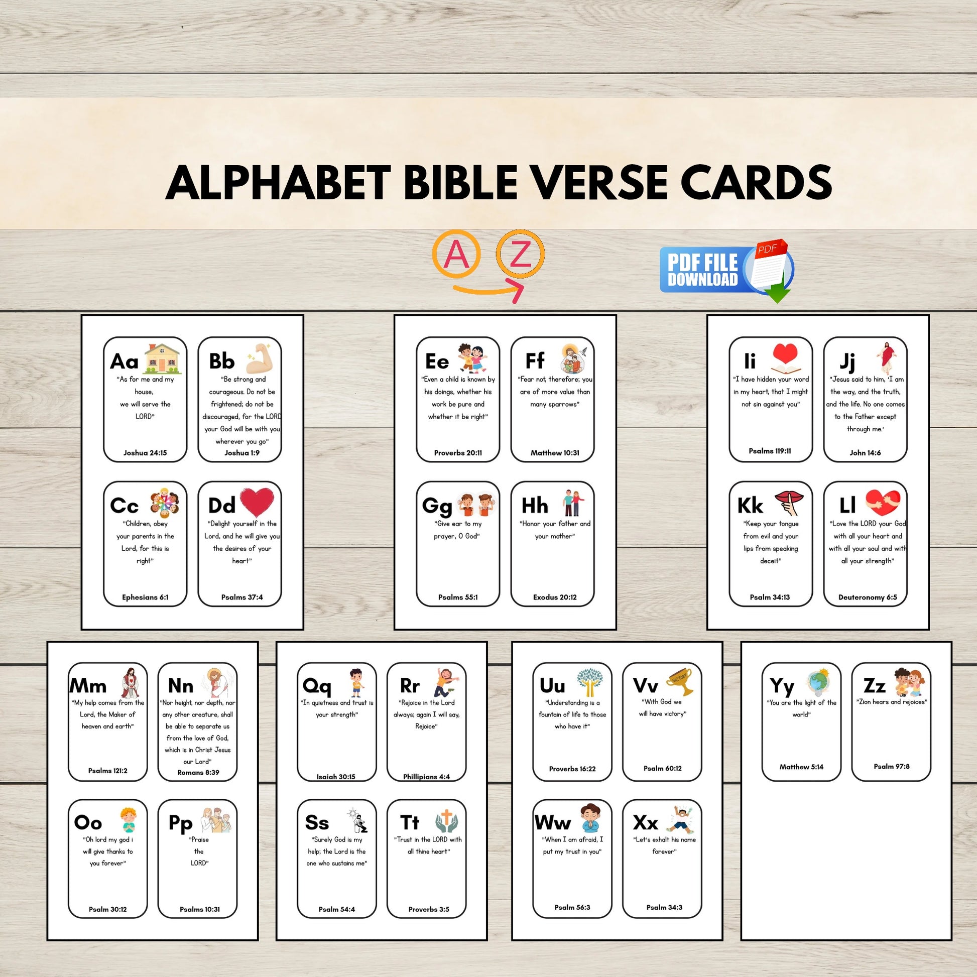 Printable alphabet bible verse cards for kids.