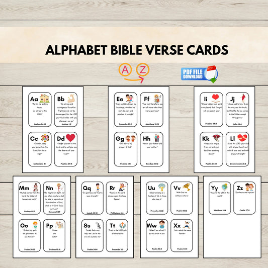 Printable alphabet bible verse cards for kids.