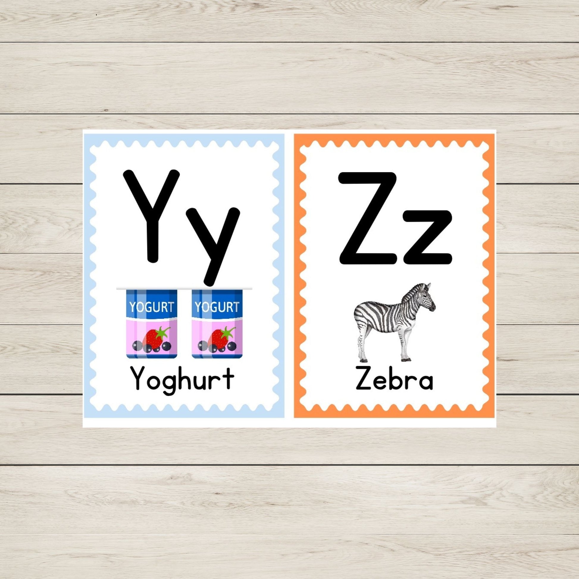 Alphabet flashcards for letters Y and Z.