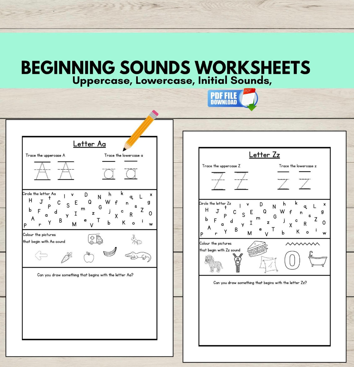 Beginning sounds worksheets for uppercase, lowercase, and initial sounds on a wooden surface.