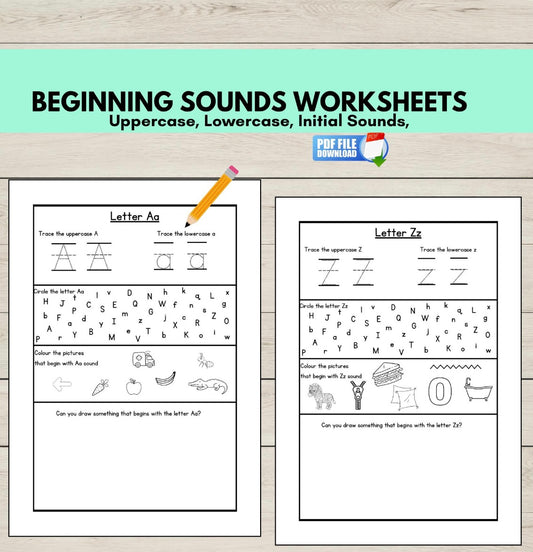 Beginning sounds worksheets for uppercase, lowercase, and initial sounds on a wooden surface.