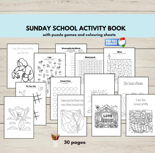 Printable Bible activity book for kids with colouring pages and puzzles.
