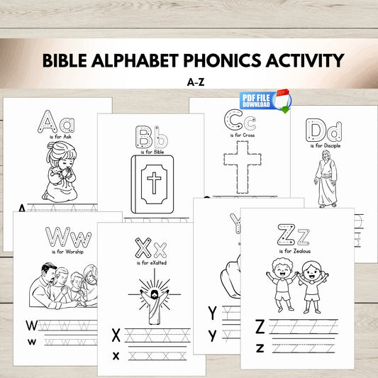 Bible Alphabet Phonics Printable Activity Sheets for Kids with A to Z letter tracing.