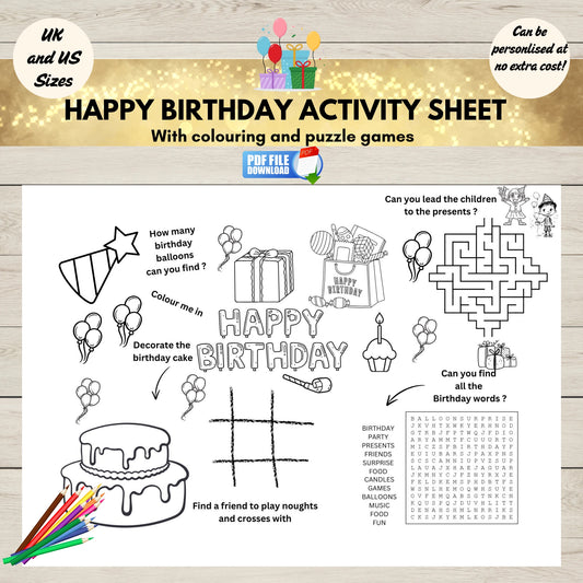 Printable birthday activity sheet for kids with colouring and puzzle game-perfect for birthday party entertainment and table fun.