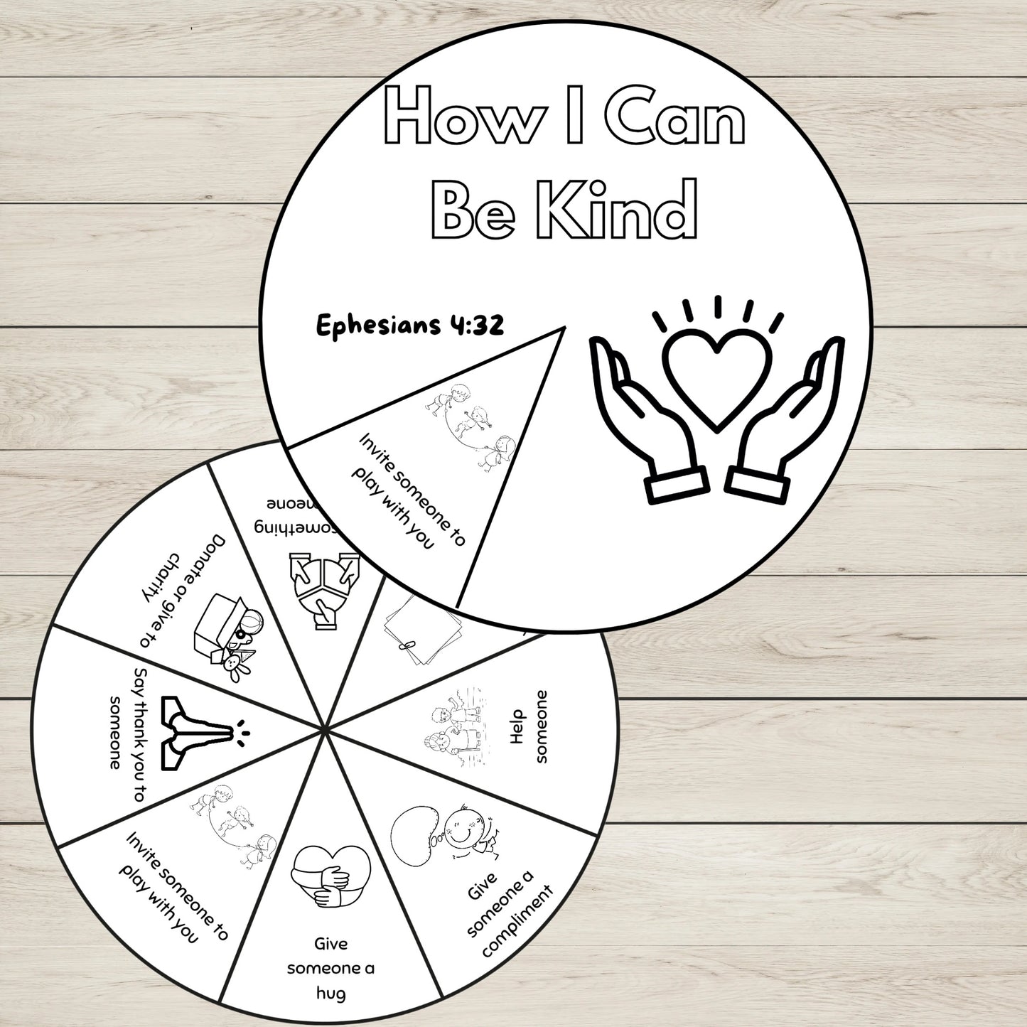 Black-and-white printable Kindness Wheel Spinner Craft for children to colour as a Bible kindness activity and Christian craft.