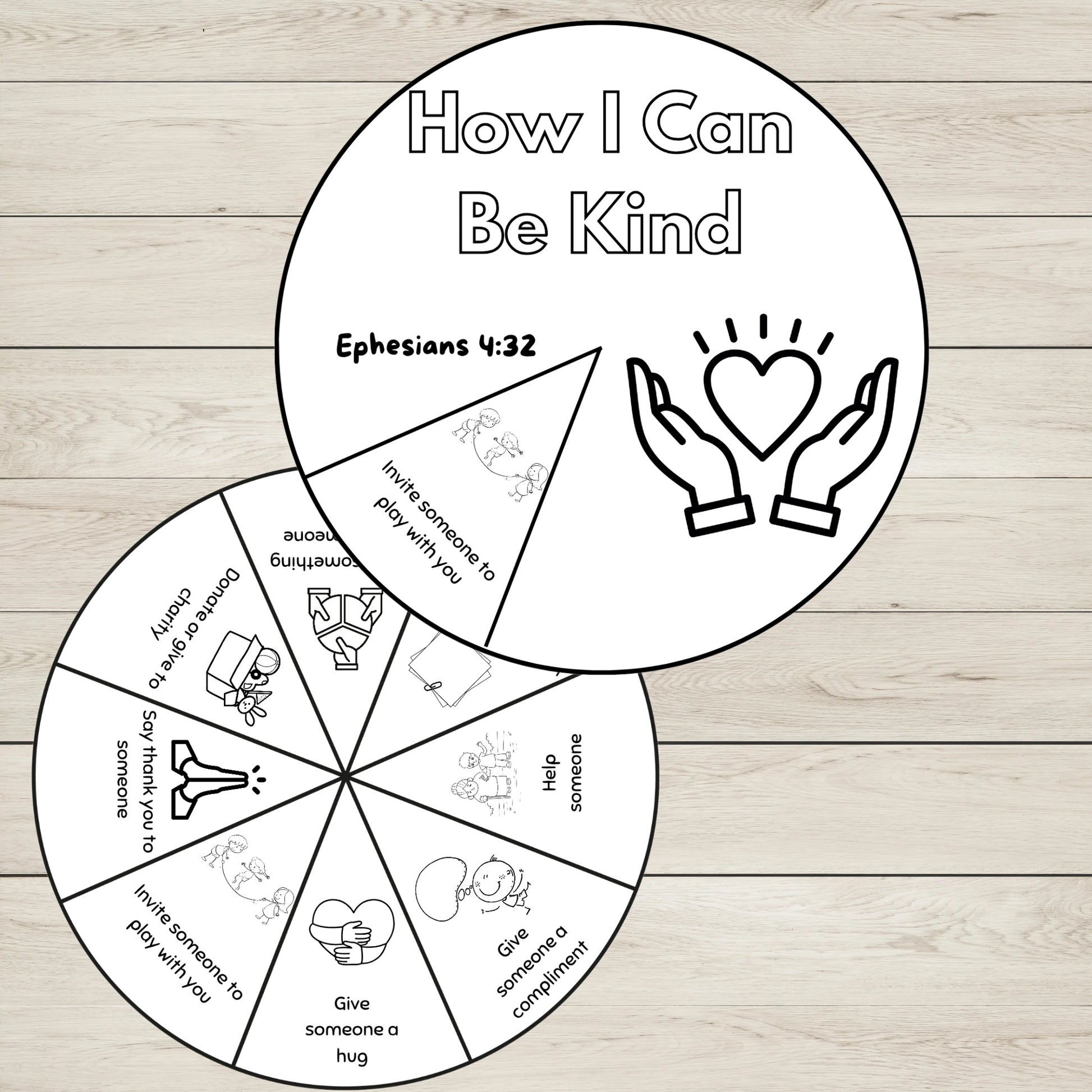 Black-and-white printable Kindness Wheel Spinner Craft for children to colour as a Bible kindness activity and Christian craft.