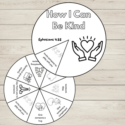 Black-and-white printable Kindness Wheel Spinner Craft for children to colour as a Bible kindness activity and Christian craft.