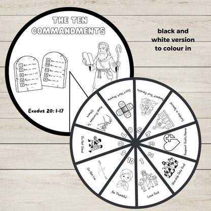 Black and white 10 Commandments wheel craft colouring printable for kids Bible activity.