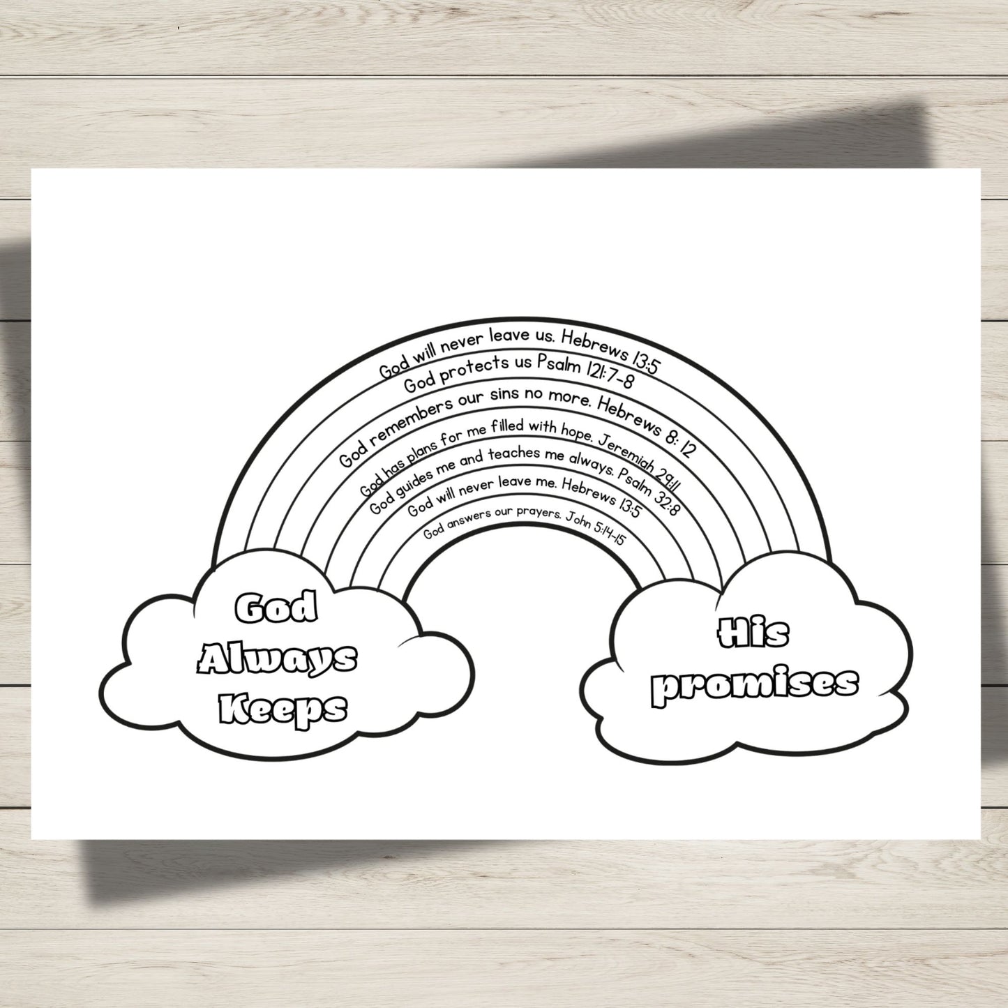 A black and white printable colouring page featuring a rainbow with Bible verses printed inside it, flanked by two clouds reading 'God Always Keeps' and 'His promises', shown on a light wood background.