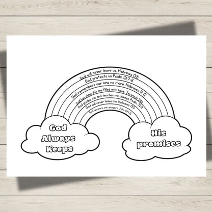 A black and white printable colouring page featuring a rainbow with Bible verses printed inside it, flanked by two clouds reading 'God Always Keeps' and 'His promises', shown on a light wood background.