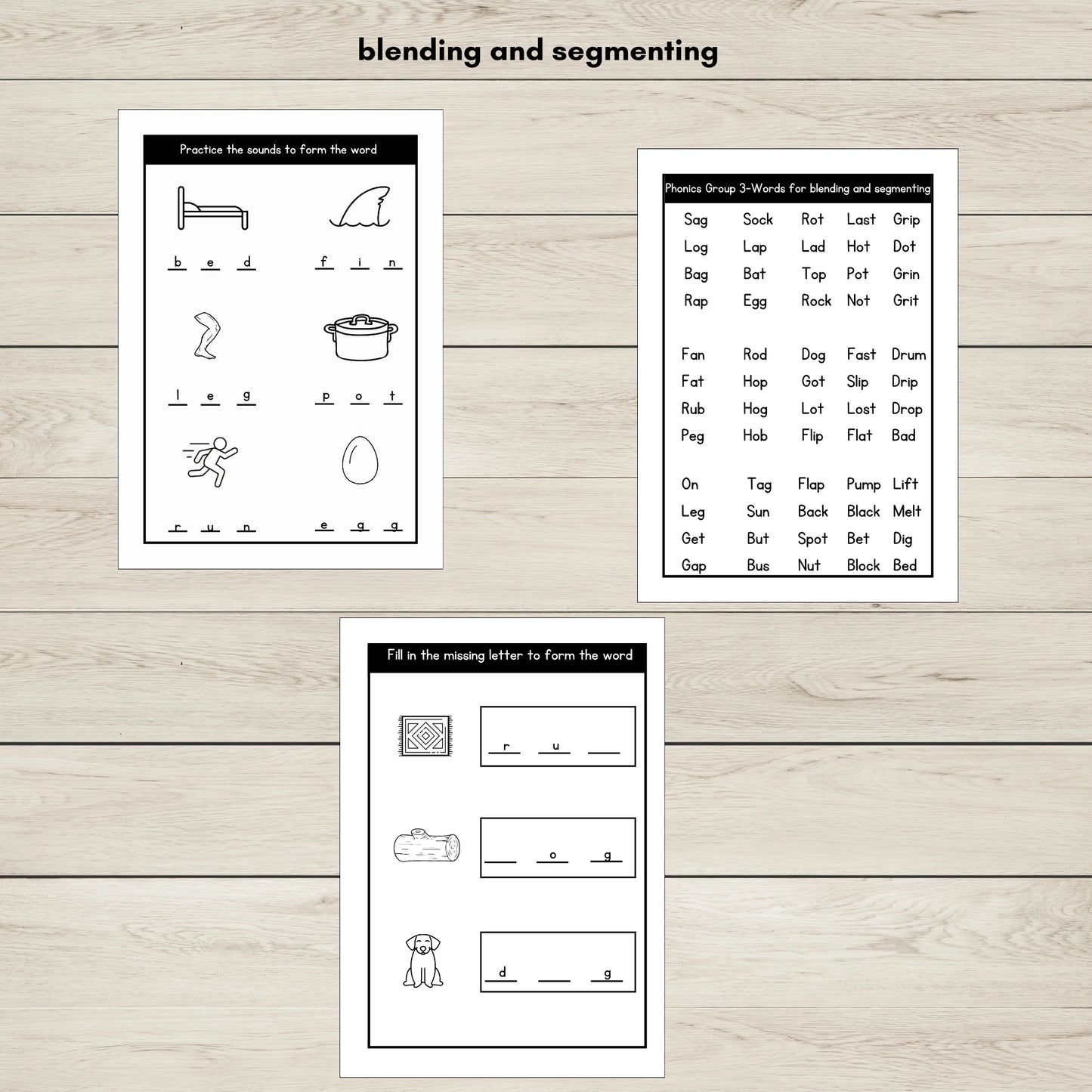 Phonics Group 3 printable worksheets for blending and segmenting. 