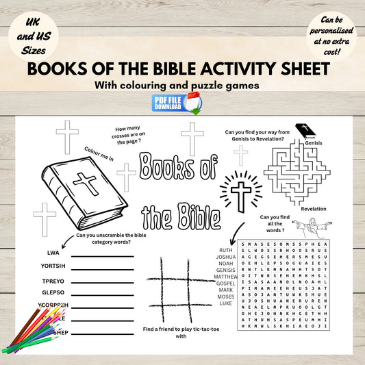 A printable books of the bible activity sheet for kids.