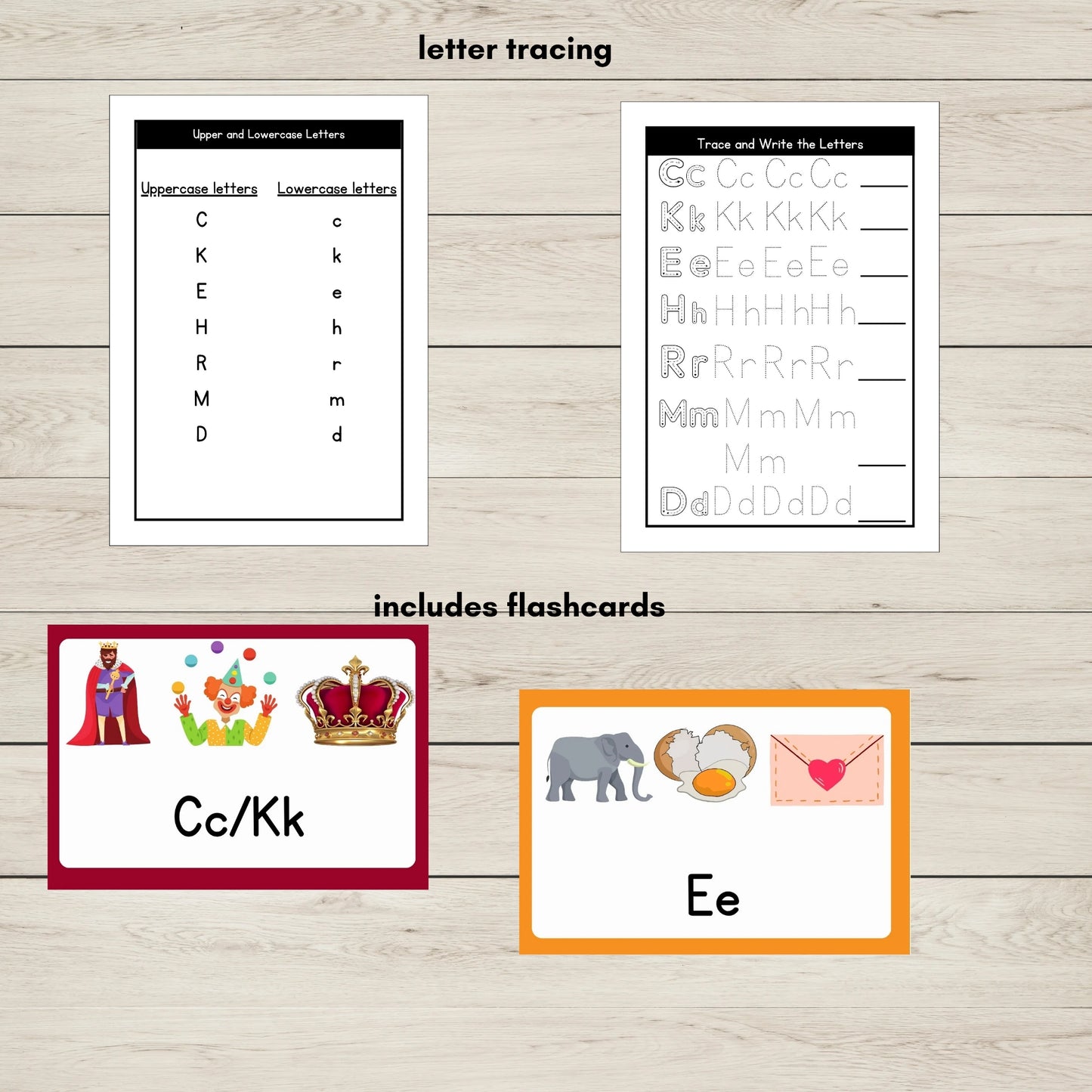 Printable letter tracing sheets and alphabet flashcards for CKEHRMD phonics practice.
