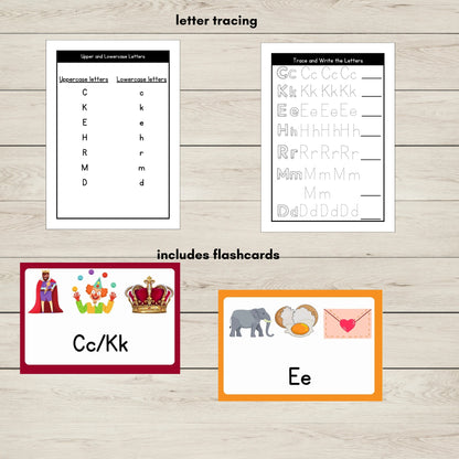 Printable letter tracing sheets and alphabet flashcards for CKEHRMD phonics practice.