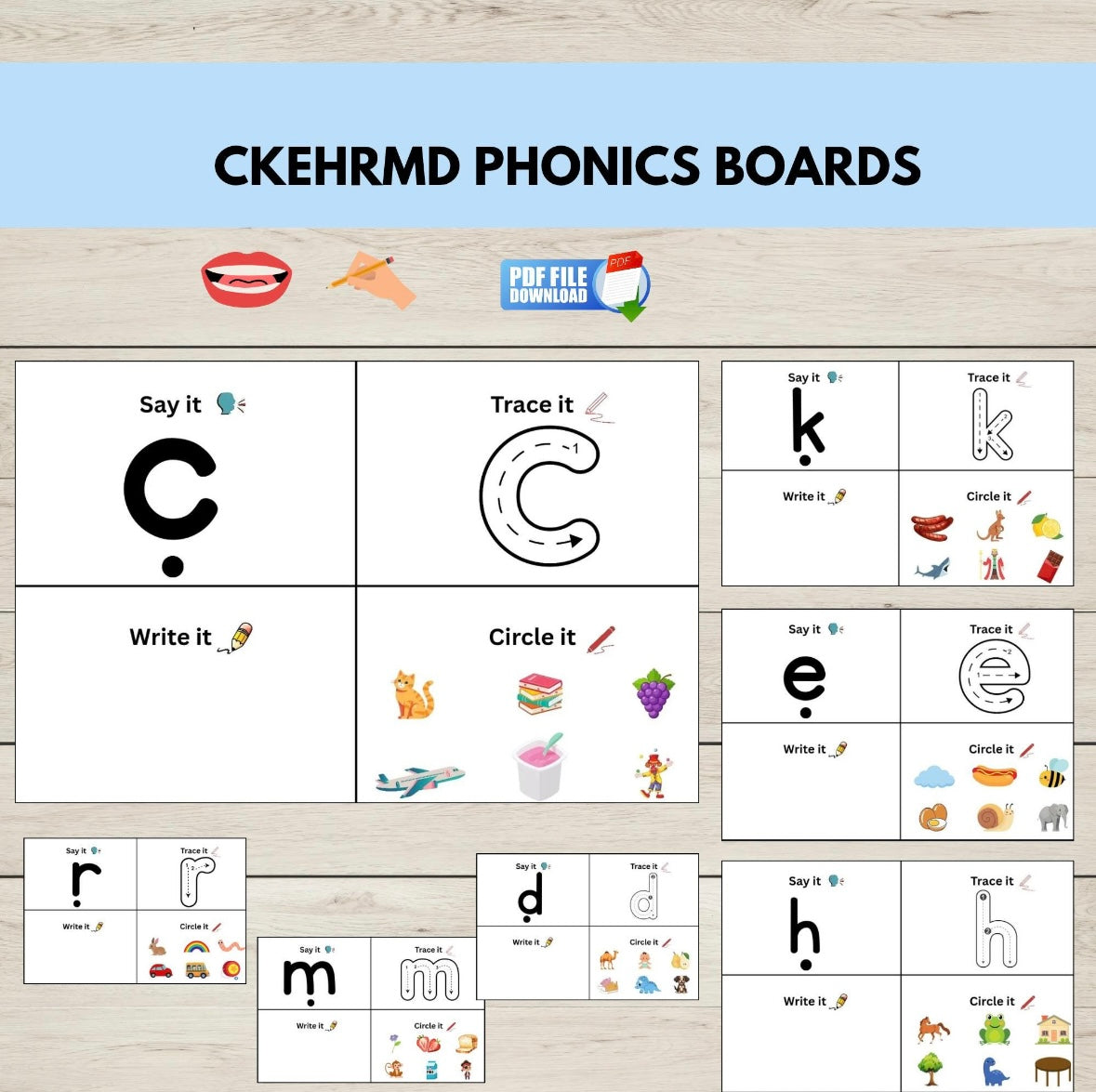 Phonics boards with letters C K E H R M D for letter sound practice. 