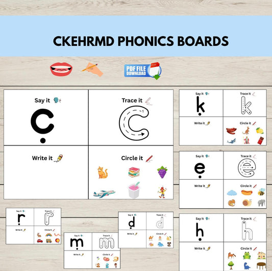 Phonics boards with letters C K E H R M D for letter sound practice. 