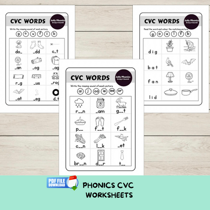 A set of CVC Words Worksheets PDF for the groups 1-4 of phonics sounds.