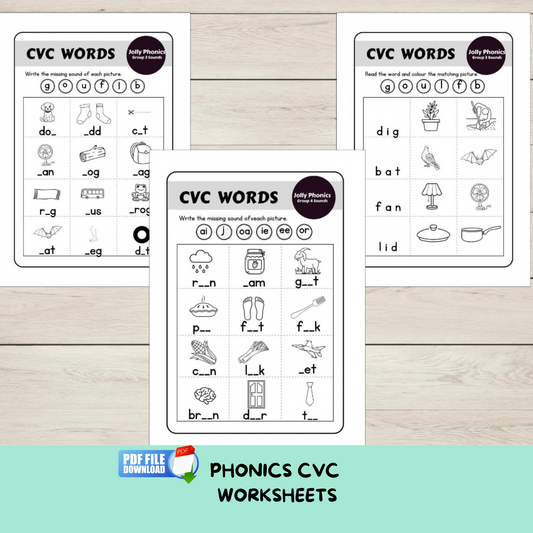 A set of CVC Words Worksheets PDF for the groups 1-4 of phonics sounds.