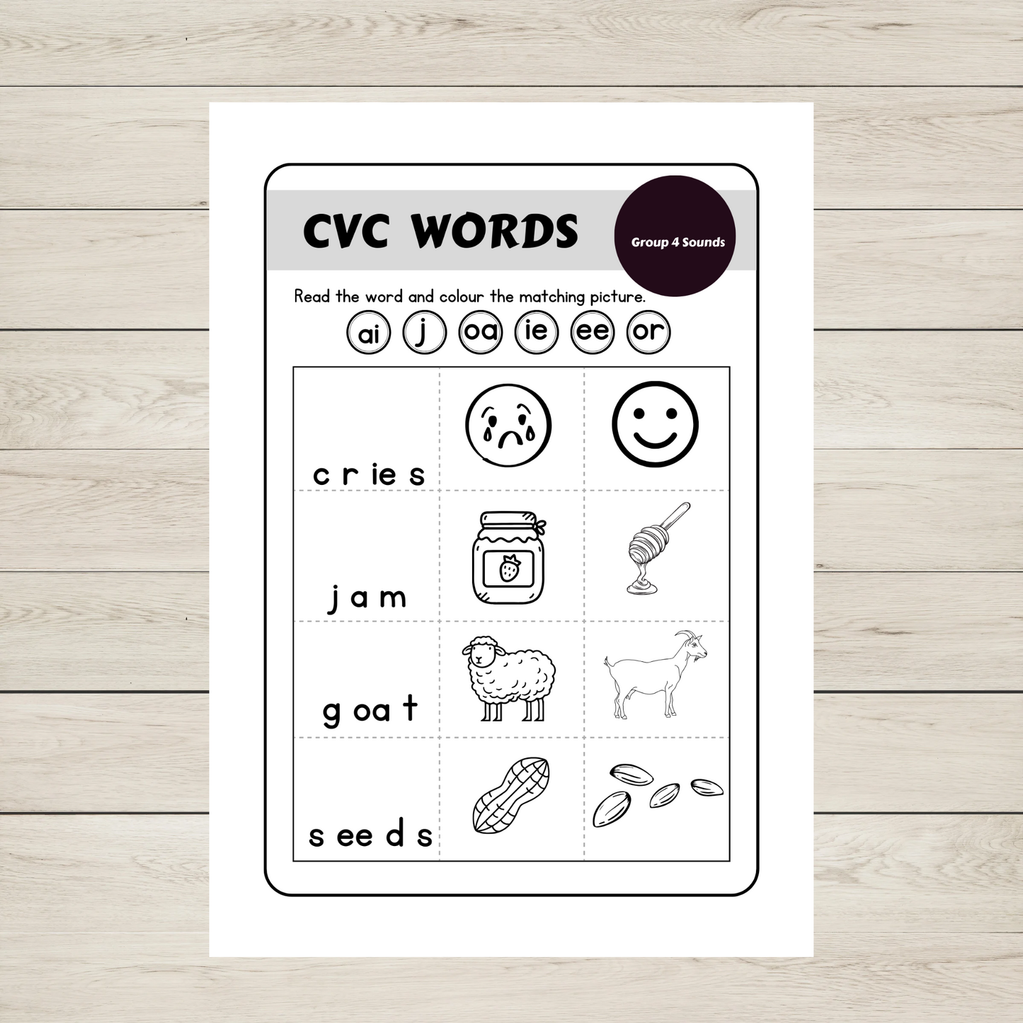 "CVC Words Worksheets for ai j oa ie ee or sounds. 