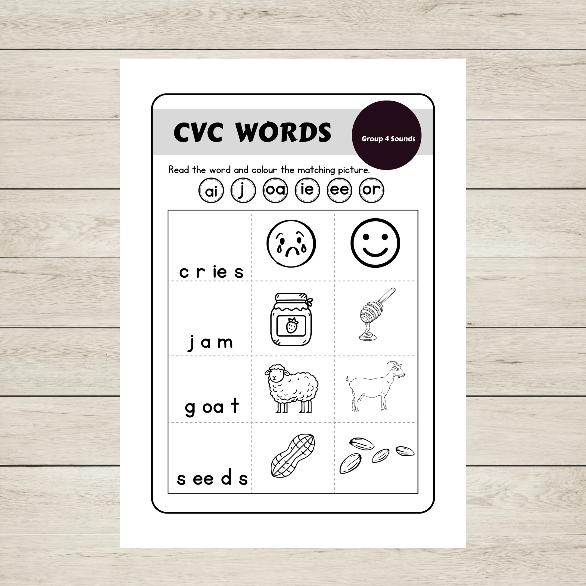 "CVC Words Worksheets for ai j oa ie ee or sounds. 