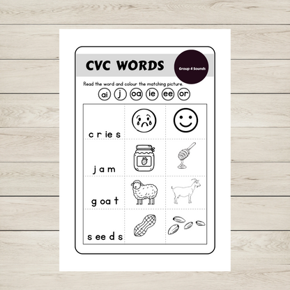 "CVC Words Worksheets for ai j oa ie ee or sounds. 