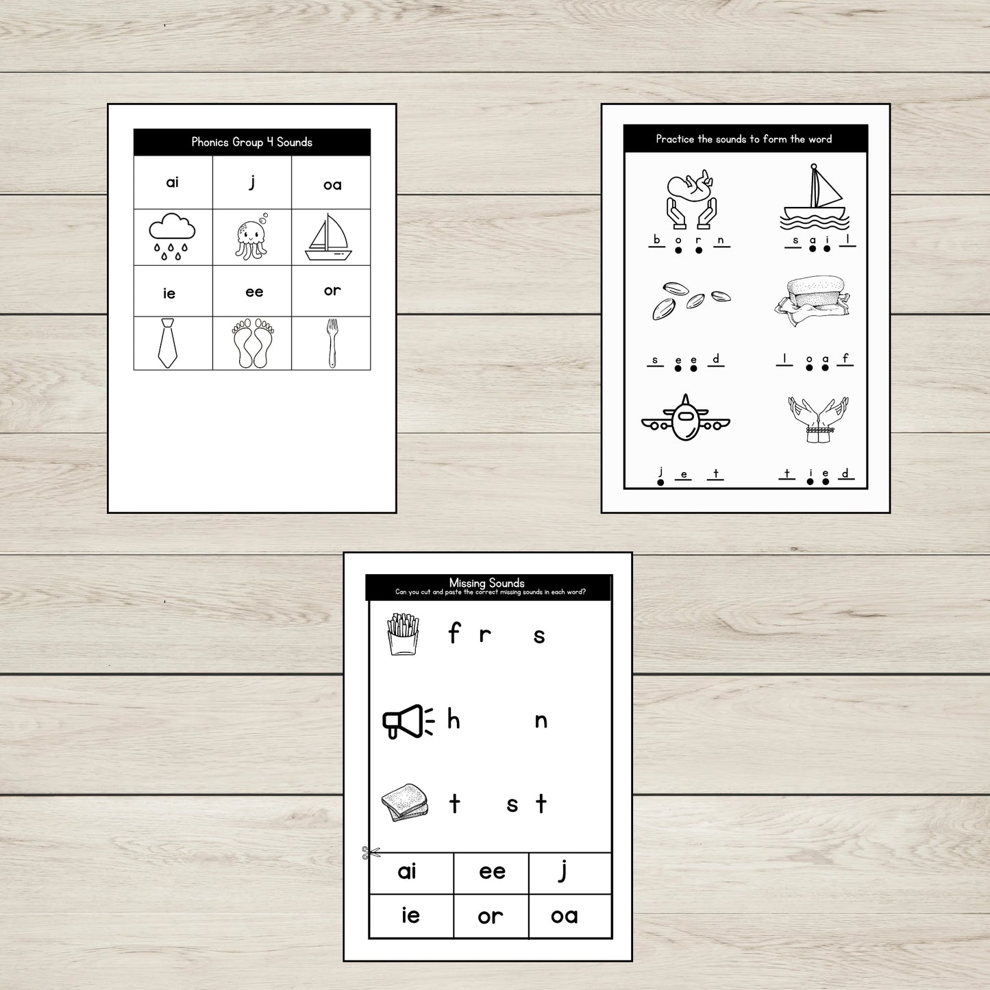 Illustration of 3 CVC words worksheets for phonics group 4. 