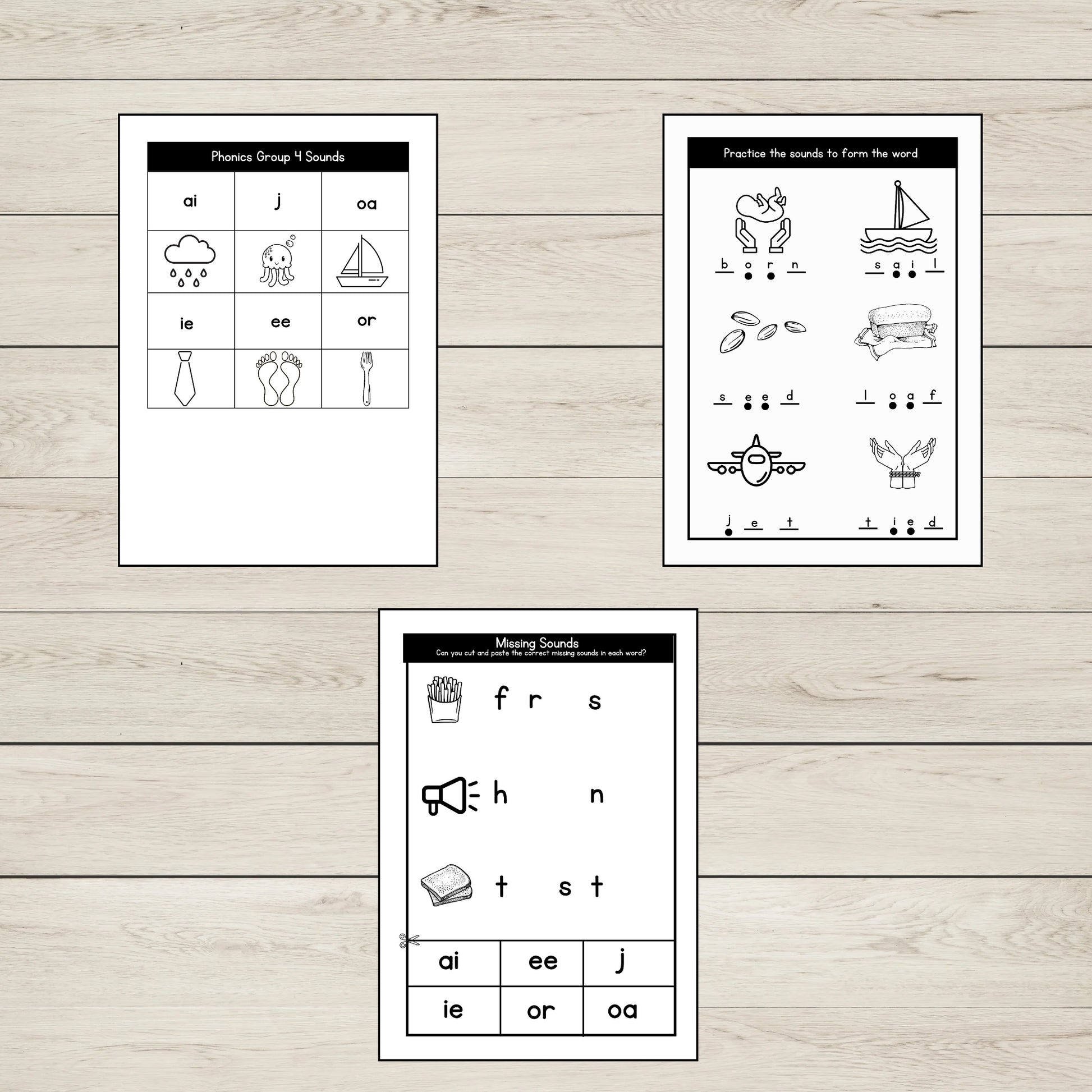 Illustration of 3 CVC words worksheets for phonics group 4. 