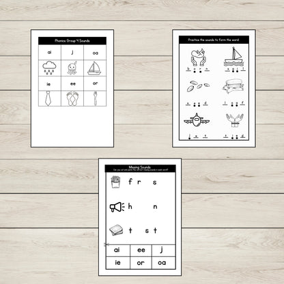 Illustration of 3 CVC words worksheets for phonics group 4. 