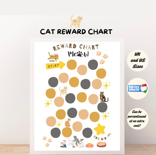 Illustrated cat-themed reward chart for kids with stars and circles to track behaviour, potty training, routines, or tasks; cute and printable design.
