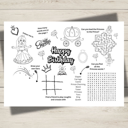 Children's birthday activity sheet with princess-themed games.