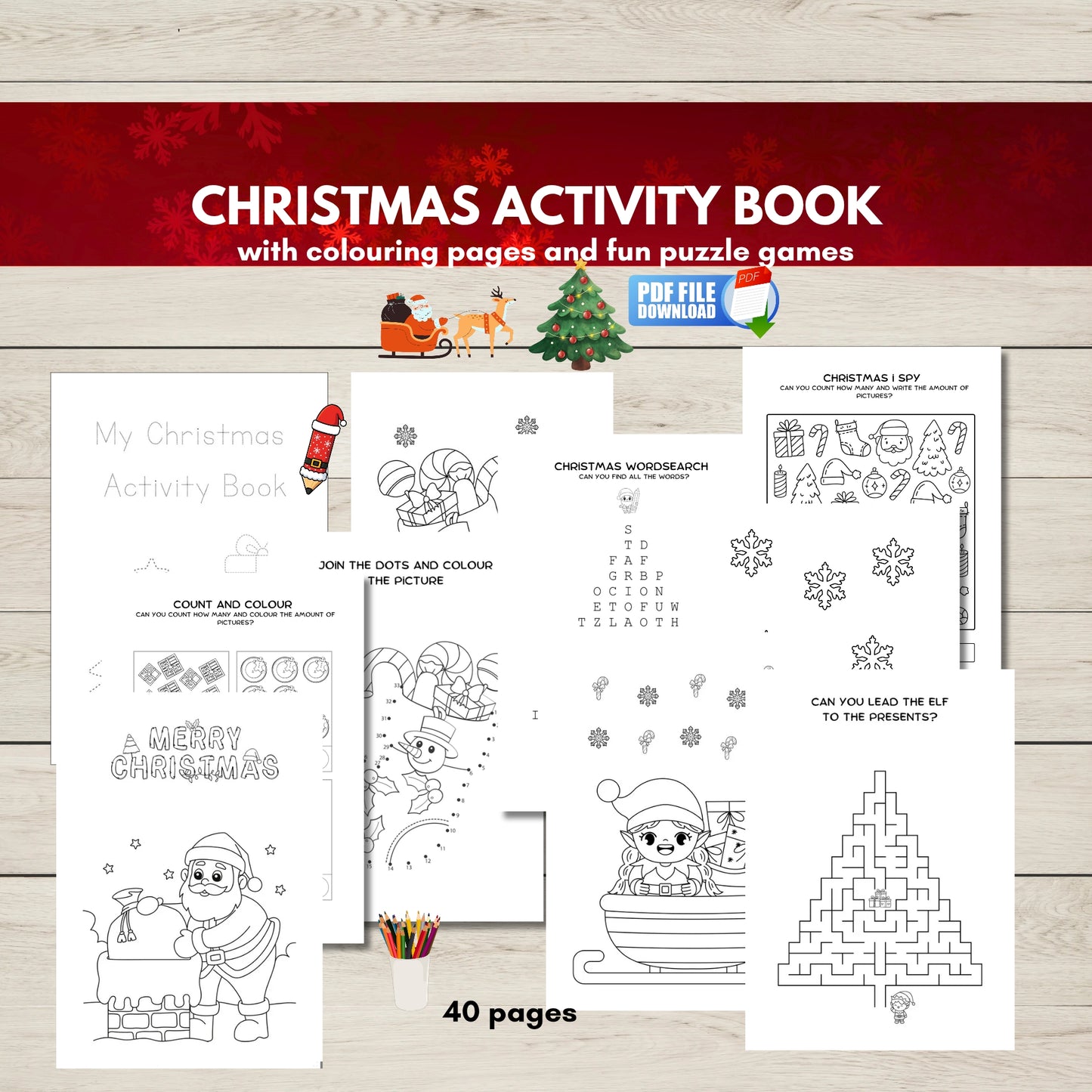 Christmas Activity Book for kids printable with colouring pages and puzzle games on a wooden surface.