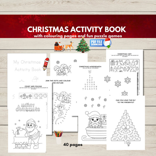 Christmas Activity Book for kids printable with colouring pages and puzzle games on a wooden surface.