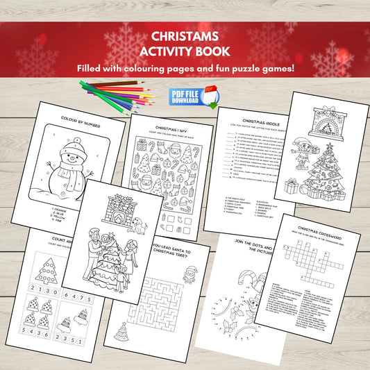 A printable colouring and activity book for kids with Christmas-themed activities.
