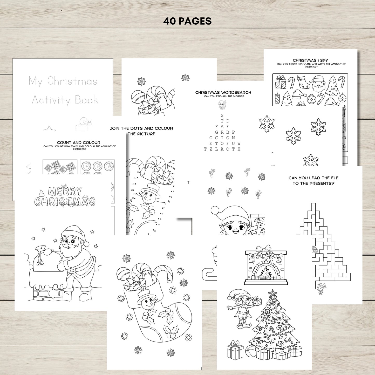 Collection of Christmas-themed activity sheets on a wooden surface