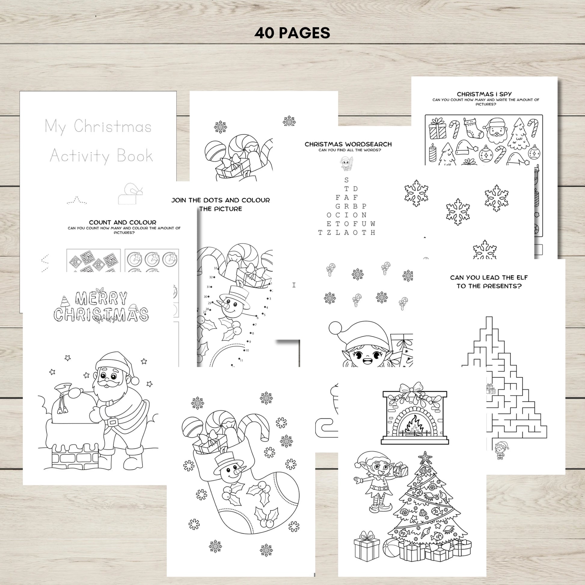 Collection of Christmas-themed activity sheets on a wooden surface
