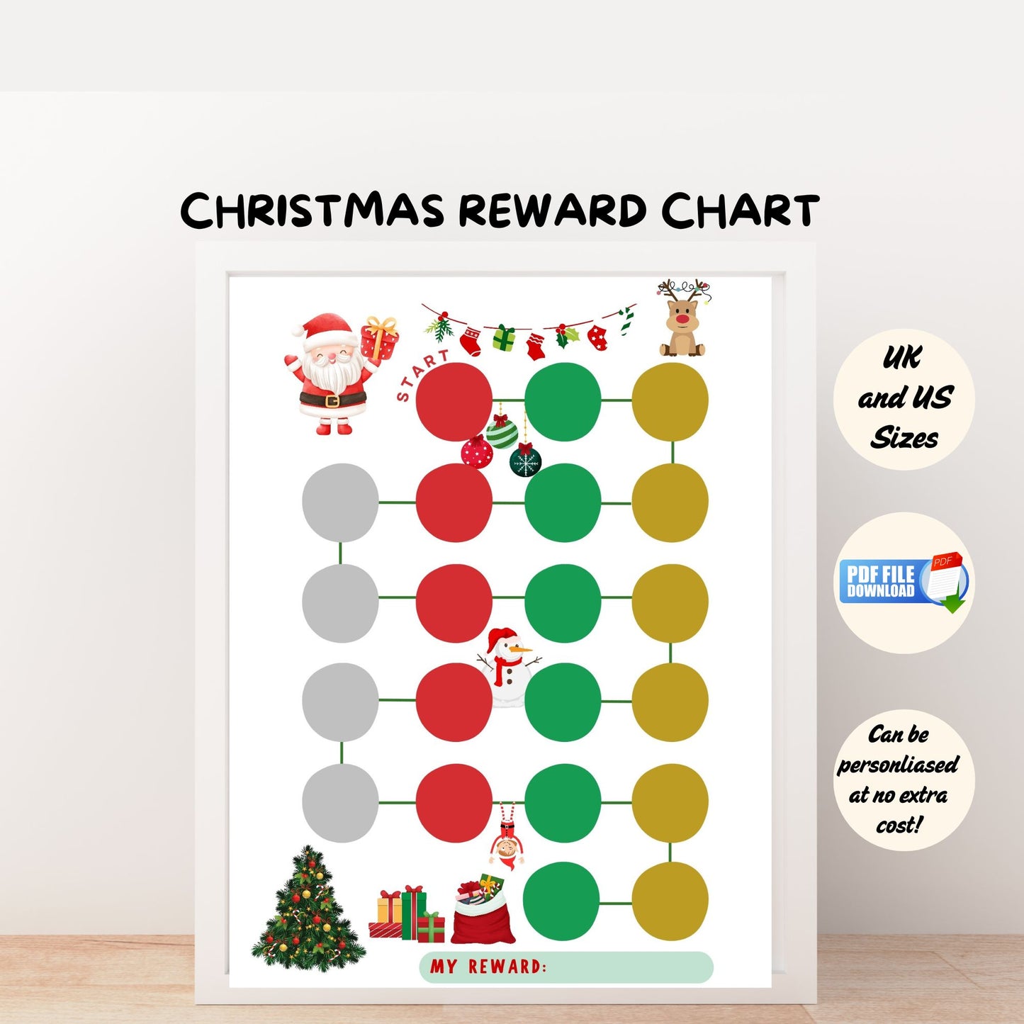 A printable kids reward chart with Christmas theme.