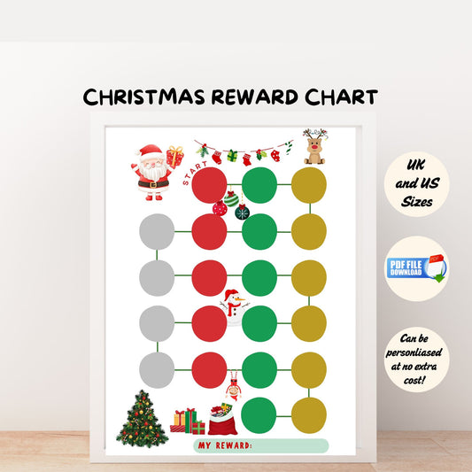 A printable kids reward chart with Christmas theme.