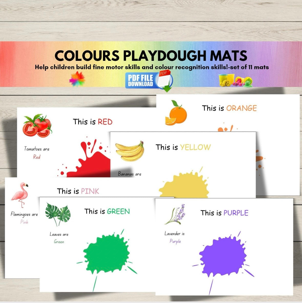 Printable colour play dough mats for kids with bright visuals-fun activity for teaching colour recognition and fine motor skills in early learners.