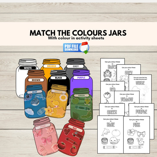 Colour sorting jars activity for kids, featuring vibrant jars filled with matching coloured objects to promote colour recognition and fine motor skills.