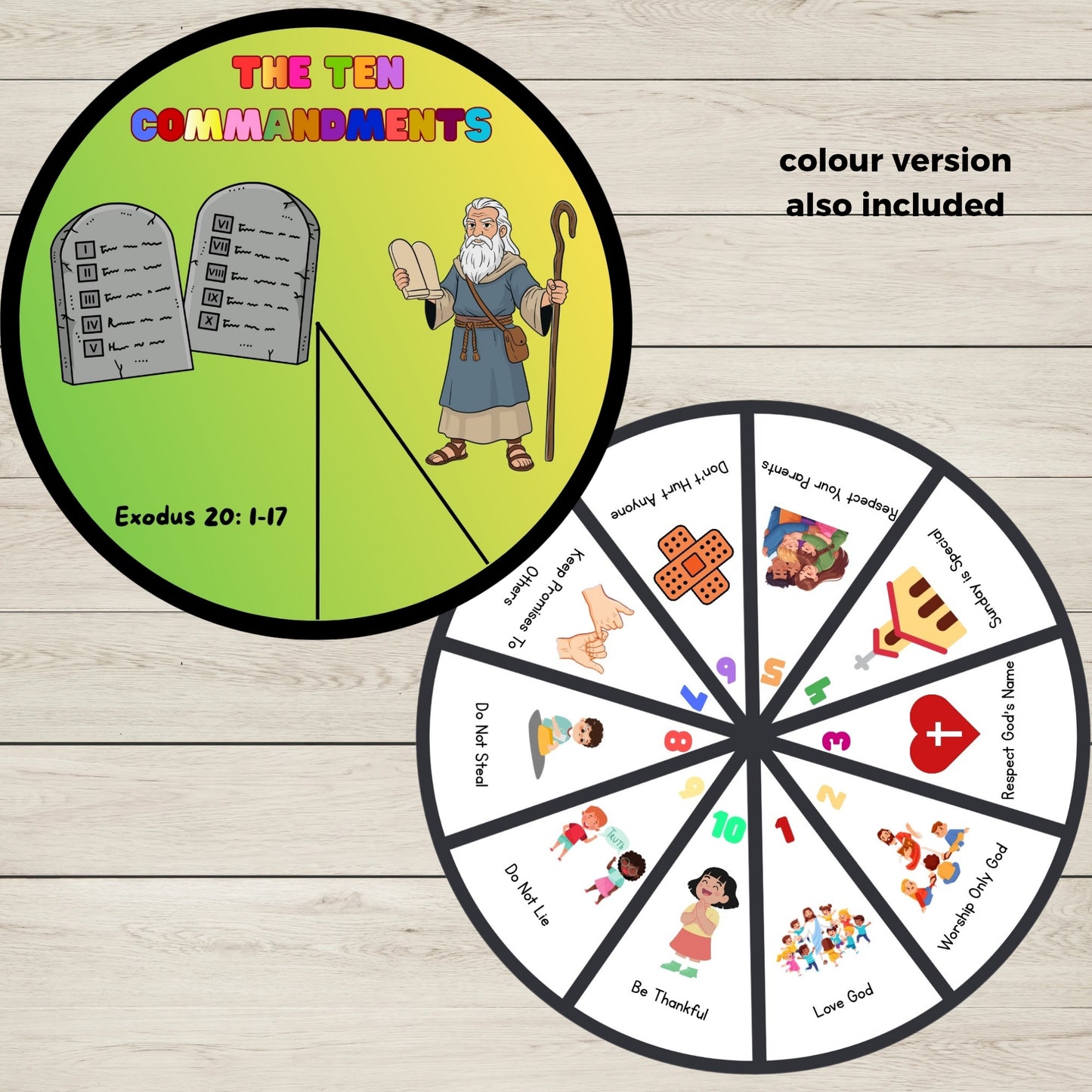 Coloured 10 Commandments wheel spinner craft printable for kids Christian Bible lessons.